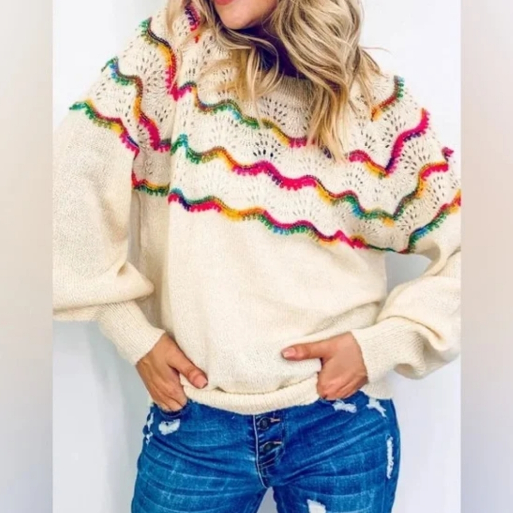Andthewhy Crochet Rainbow Colorful Wave Pattern Woven Sweater